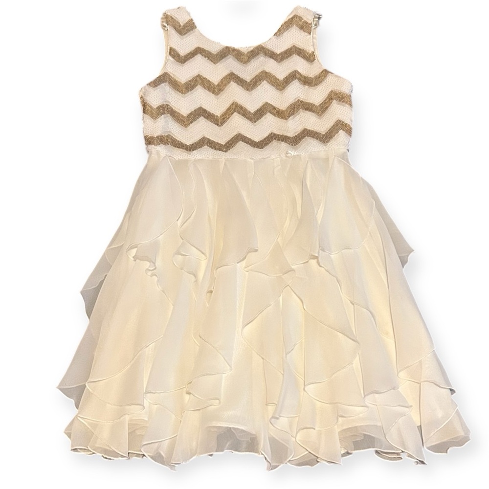 Emily West Gold and White Ruffled Tiered Formal Dress